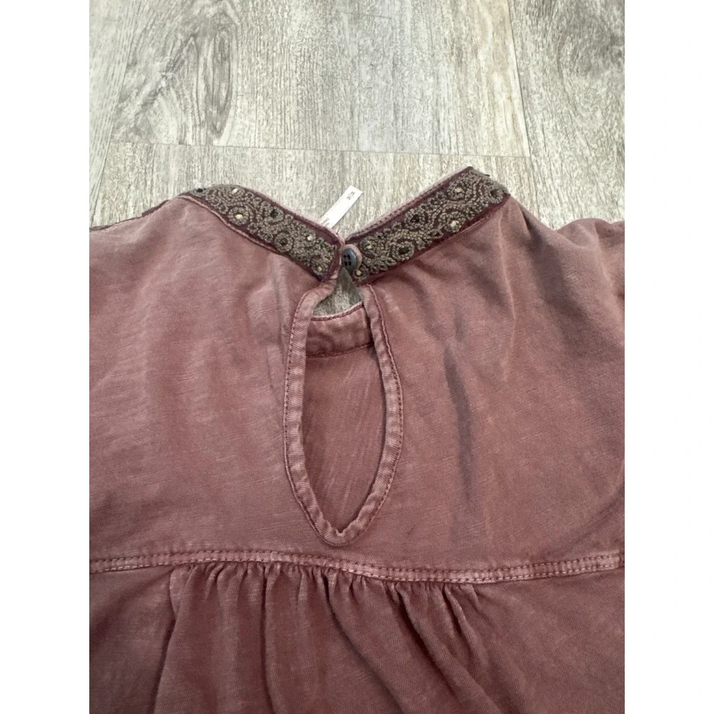 Free People Embroidered Long Sleeve Babydoll Top Plum Mauve Cotton Size Medium